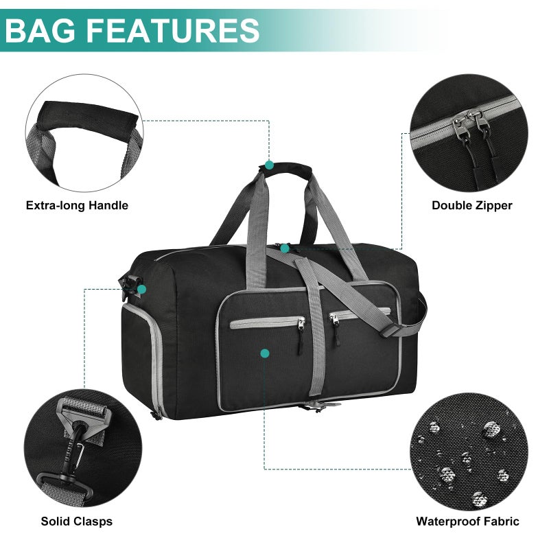 Dimayar 65L Travel Duffle Bag for Men Women - Foldable Duffel Bag with Shoes Compartment - Overnight Bags Waterproof & Tear Resistant(Black) - Image 3